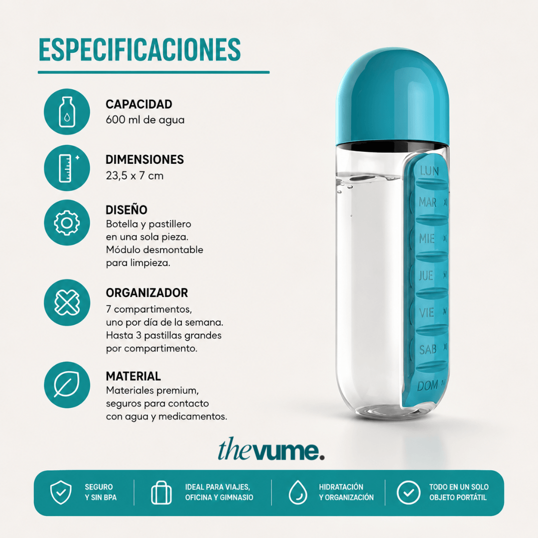 HydroPill - Botella Pastillero 3 en 1, 600ml