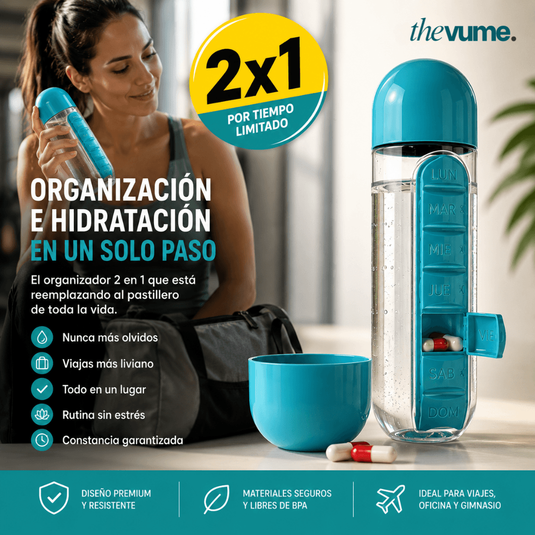 HydroPill - Botella Pastillero 3 en 1, 600ml