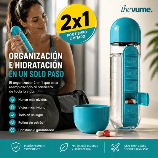 HydroPill - Botella Pastillero 3 en 1, 600ml