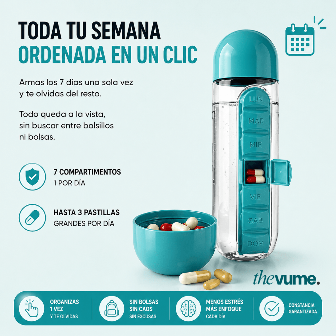 HydroPill - Botella Pastillero 3 en 1, 600ml