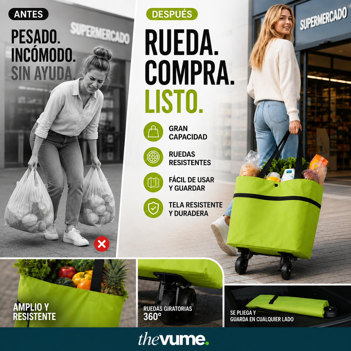 CartFlex - De bolsa a carrito en un cierre, bolso plegable 2 en 1